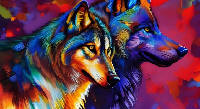 A colorful pair of wolves in vibrant colors. Generative AI.