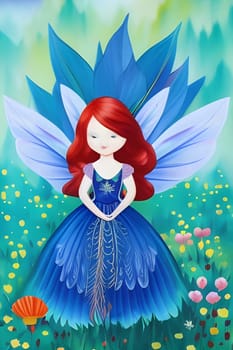 A cute blue fairy with red hair. Generative AI.