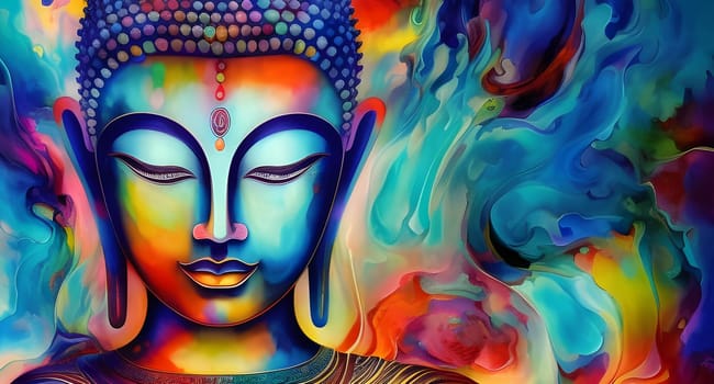 Head of buddha with inkflow background. Colorful painting. Generative Ai.