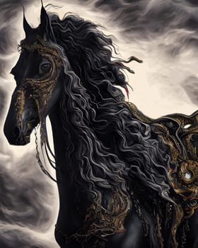 Black menacing horse with long flowing manes. Generative AI.