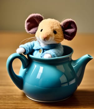 Cute toy mouse in a blue teapot. He has a blue knitted jacket. Generative AI.