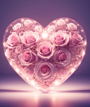 Romantic glass heart  filledwith pink roses. Generative AI