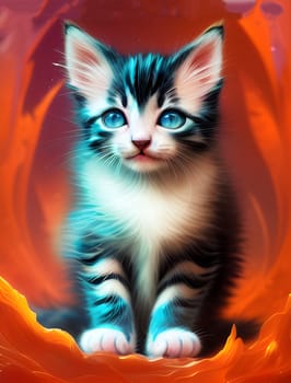 A cute kitten with blue eyes against a colorful background. Generative AI.