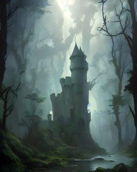 Decrepit haunted castle within a forest  in the moonlight. Generative AI