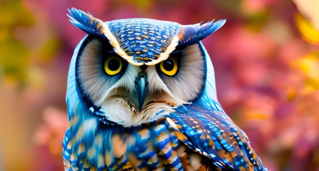 Blue owl with yellow eyes against a blurred pink-yellow background. Generative AI.