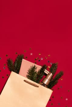 Merry Christmas, New Year flatly mockup for cosmetics, hair care,beauty concept. Paper bag,Christmas tree, beige tube,spray,dispenser,stars,greeting card text design, Xmas holiday composition.Vertical