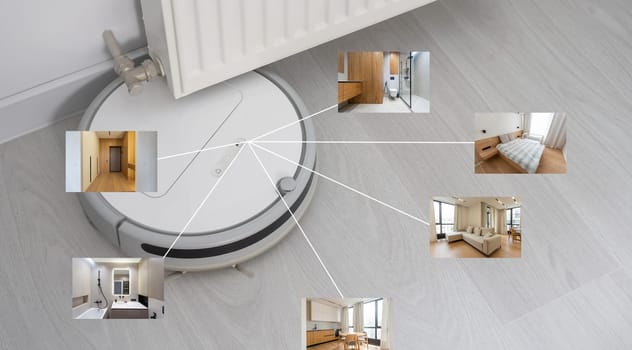 people, housework and technology concept. robot vacuum cleaner