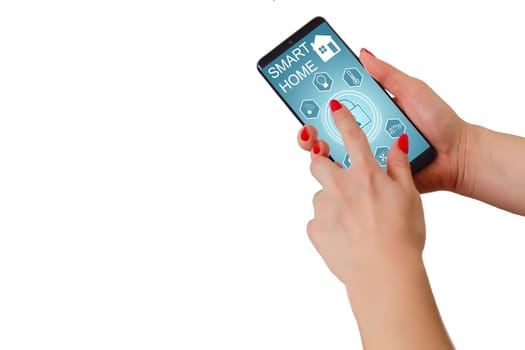 isolated woman hand holding the phone with system smart house.