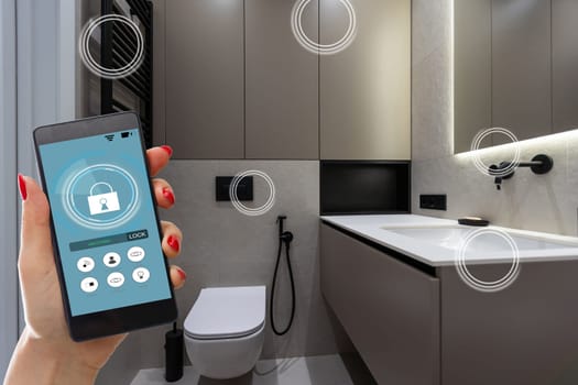 smart house, home automation, device with app icons. woman uses his smartphone with smarthome security app to unlock the door of his house