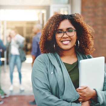 Portrait, university and woman with a laptop, outdoor and education with career development, growth and skills. Face, happy female person and student with a pc, technology and college with knowledge.