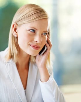 Thinking, phone call and business woman listening, speaking and talking to contact. Cellphone, communication and female professional or entrepreneur networking, conversation or discussion outdoor