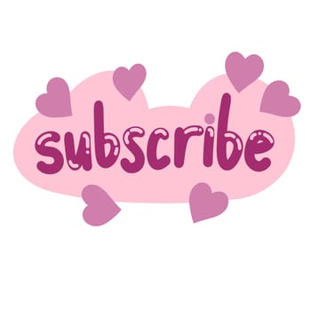 Hand drawn illustration of subscribe button with flower heart on pink background. Cute icon for web internet channel newsletter, follower subscriber media element sign symbol