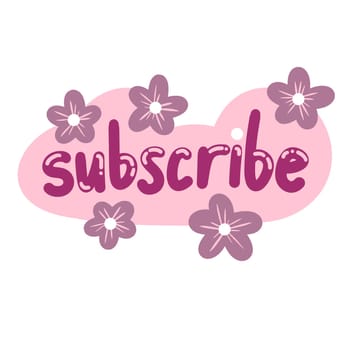 Hand drawn illustration of subscribe button with flower heart on pink background. Cute icon for web internet channel newsletter, follower subscriber media element sign symbol