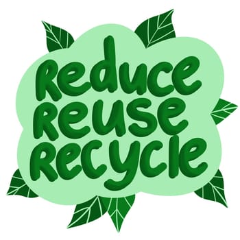 Hand drawn illustration of reduce reuse recycle ecological concept on green leaf leaves. Environment protection slogan, waste garbage control, organic ecology recycling icon logo
