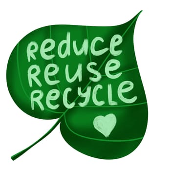 Hand drawn illustration of reduce reuse recycle ecological concept on green leaf leaves. Environment protection slogan, waste garbage control, organic ecology recycling icon logo