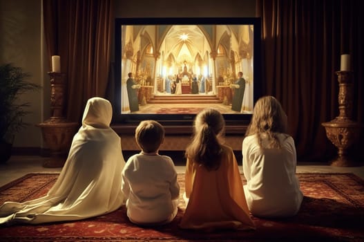 The family watches a church service on TV. Generative AI. High quality illustration