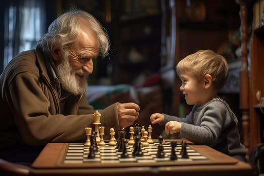 Grandfather and grandson play chess, Close-up. Generative AI. High quality illustration