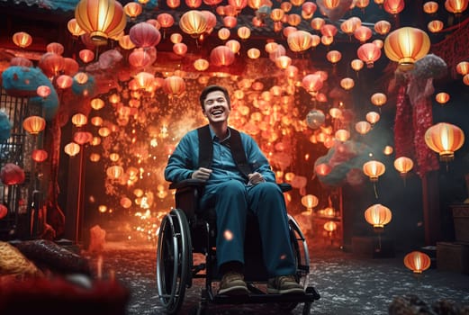 A happy Chinese man in a wheelchair launches a Chinese lantern into the sky. Generative AI. High quality illustration