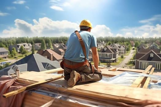 A male roofer repairs the roof. Generative AI. High quality illustration
