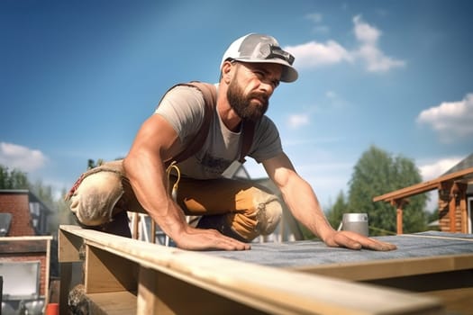 A male roofer repairs the roof. Generative AI. High quality illustration