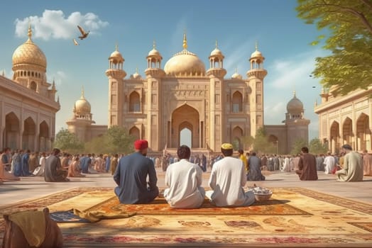 People pray in the square during Ramadan. Generative AI. High quality illustration