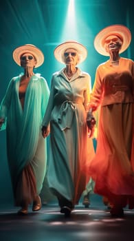 Old, glamorous, well-groomed women walk the runway at a fashion show. Generative AI. High quality illustration
