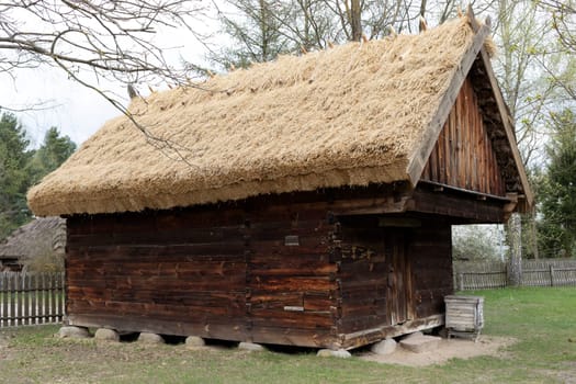 Wooden Cottage With Straw, Thatched Roof In Meadow, Open Air. Bungalow Construction in Rural Eastern Europe Area, Village. Horizontal Landscape Plane High quality photo.