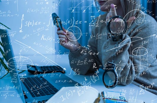 Student or teacher with mathematical and scientific formulas. Concepts of education. Symbols and equations on a virtual interface. Double exposure.