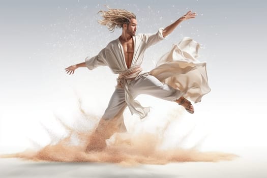 A male dancer performs a dance on a light background. Generative AI. High quality illustration