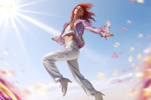 Happy girl, dancing, jumping in the sun. Generative AI. High quality illustration