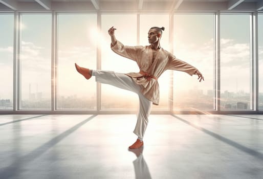 A male dancer performs a dance on a light background. Generative AI. High quality illustration