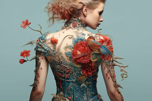 A woman in a tattooed suit. Abstraction. Generative AI. High quality illustration