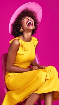 Young african american woman laughing in the studio in a yellow dress on a pink background. Generative AI. High quality illustration