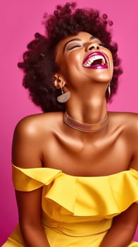 Young african american woman laughing in the studio in a yellow dress on a pink background. Generative AI. High quality illustration