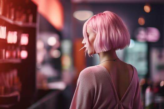 A girl with pink hair stands at the counter in a beauty salon. Generative AI. High quality illustration