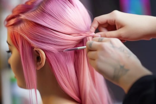 A girl with pink hair is getting her hair done in a beauty salon. Close-up. Generative AI. High quality illustration