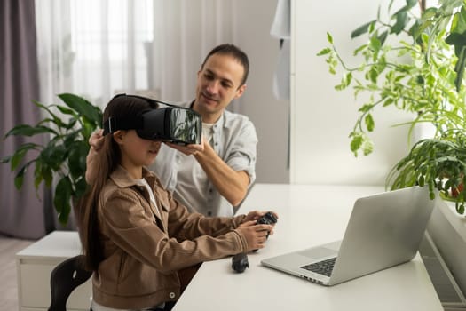 Teenager stands in virtual reality glasses near man.