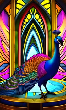 Stained glass window with a peacock. Generative AI.