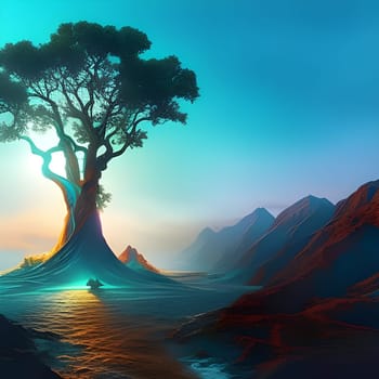 Enormous tree of life with a blue glow standing in a mountain landscape. Generative AI.