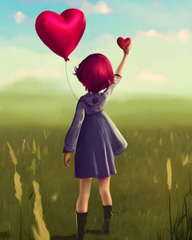 Girl with a red balloon, red hair and a heart in her hand. Generative AI