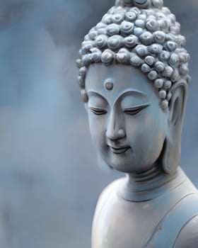 Dreamy blue buddha face with long ears. Generative AI
