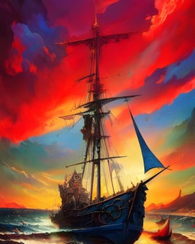 Sailing ship with blue sail against a flaming sky. Generative AI.
