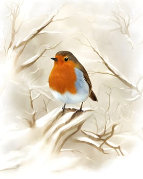 Drawing of a fluffy robin in the snow. Generative AI