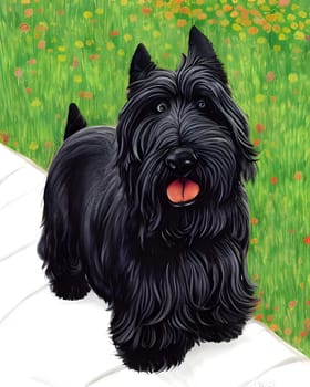 Happy black Scottish Terrier. It is standing beside grass.  Generative AI Illustration based on a photo we took from our own Scotty