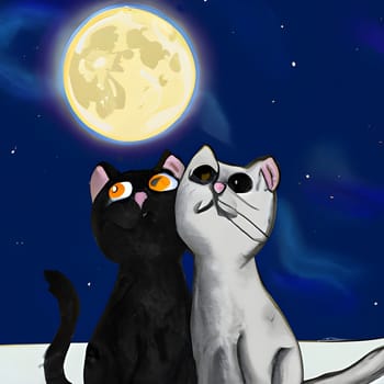 Black and white cat with big eyes look at the moon. They are in Love. Generative AI