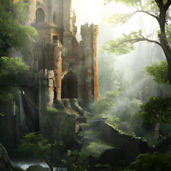 Dilapidated abandoned castle in a forest with sun rays. Generative AI