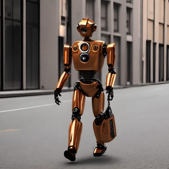 Yellow messenger robot with bag walking in the street for commercial client.Generative ai