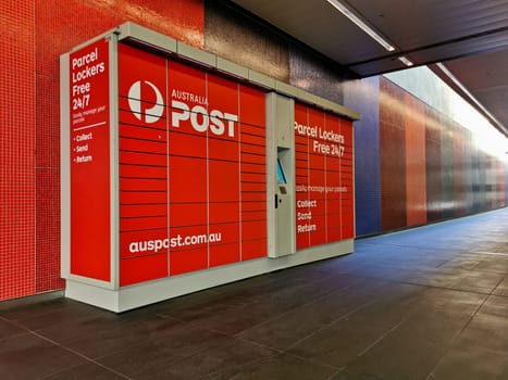 BRISBANE, AUSTRALIA - MAY 24, 2020: Australian Post automatic parcel locker to pick up delivery goods 24/7 in Central Business District of Brisbane City in Queensland Australia. Nobody is in the photo.