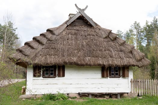 Old White Colored Wooden House With Straw, Thatched Roof In Meadow, Open Air. Bungalow Building in Rural Eastern Europe Area, Countryside. Horizontal Landscape Plane High quality photo.