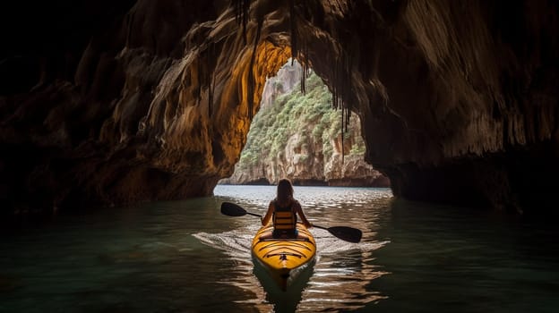 Silhouette woman kayaking on lake kayaks at night in the cave. Ai Generative.